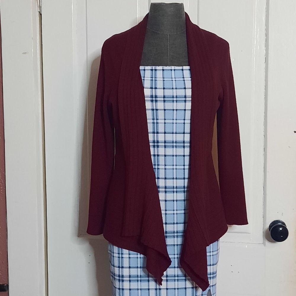 Christopher & Banks Open Front Wine Red Peplum Waterfall Cardigan, Medium, EUC